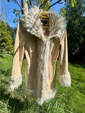 Colebrook beige suede coat with Plush Faux Fur Trim